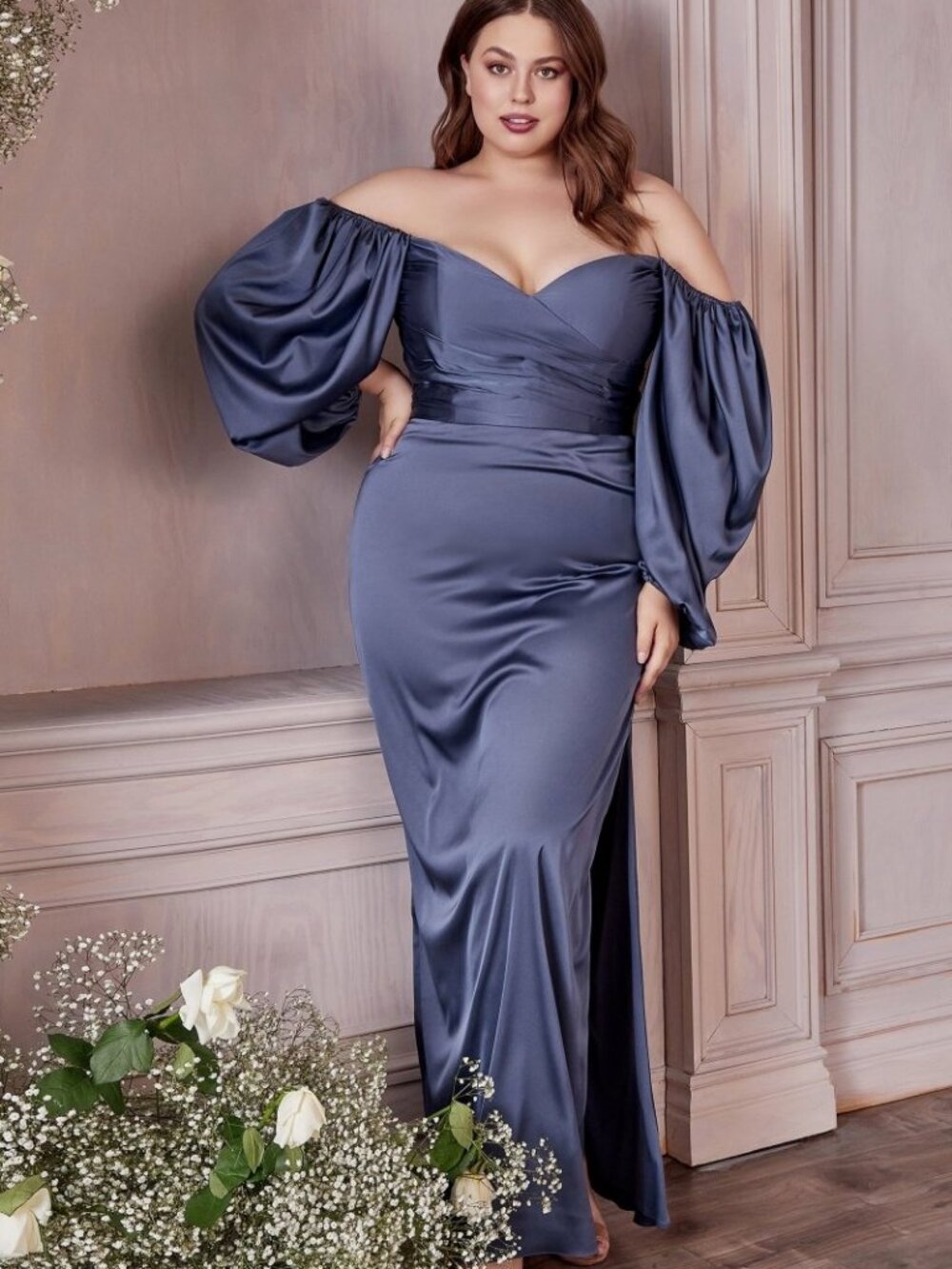NEW SMOKY BLUE Evening Gown Floor Length Formal Elegant Stunning 7482C